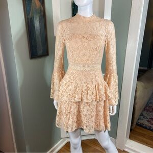 John Zack! Zack Petites Lace Bell Sleeve Mini Dress Peach Tiered XSmall XS Mod